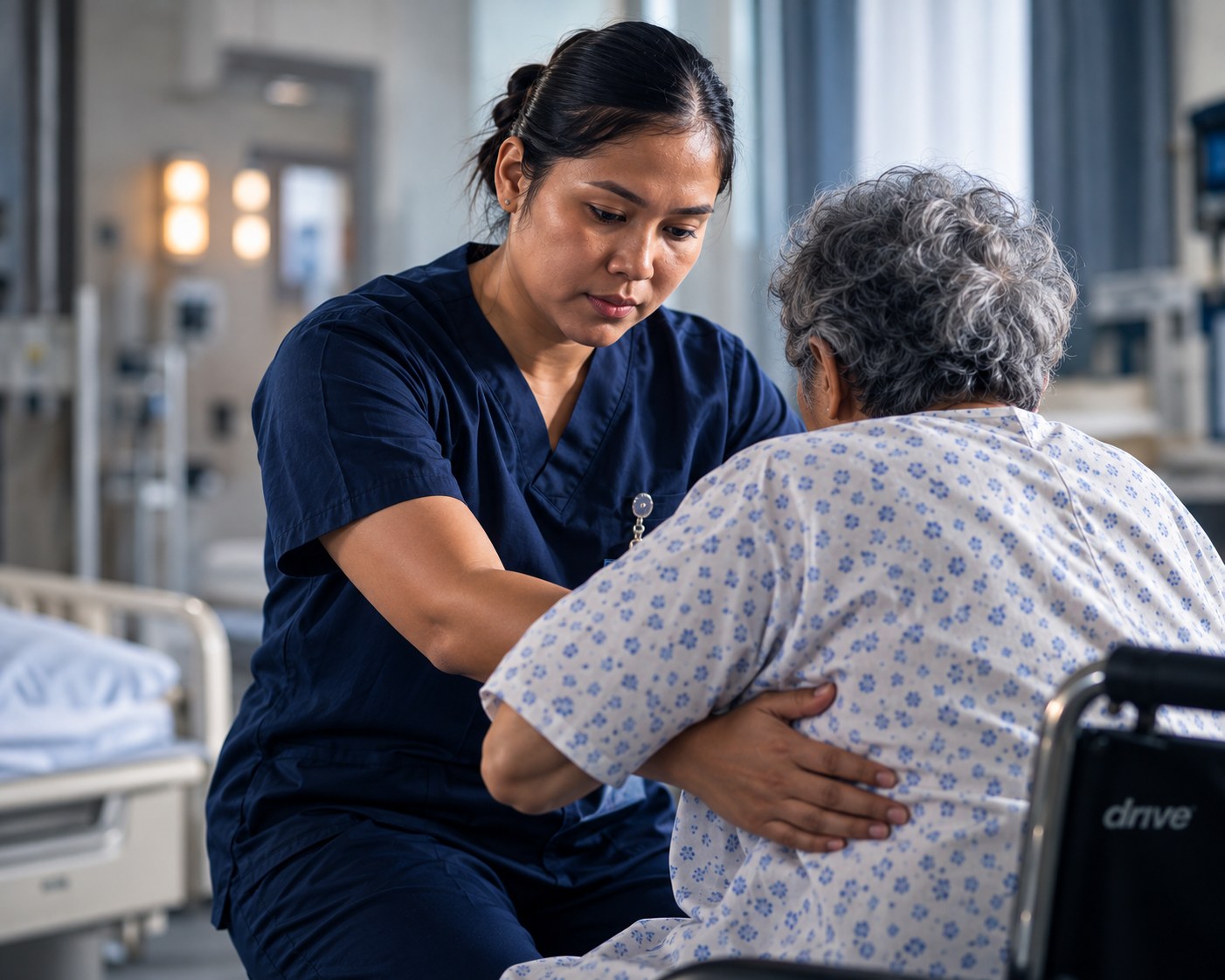Caregiver supporting an elderly patient during a bed-to-chair transfer