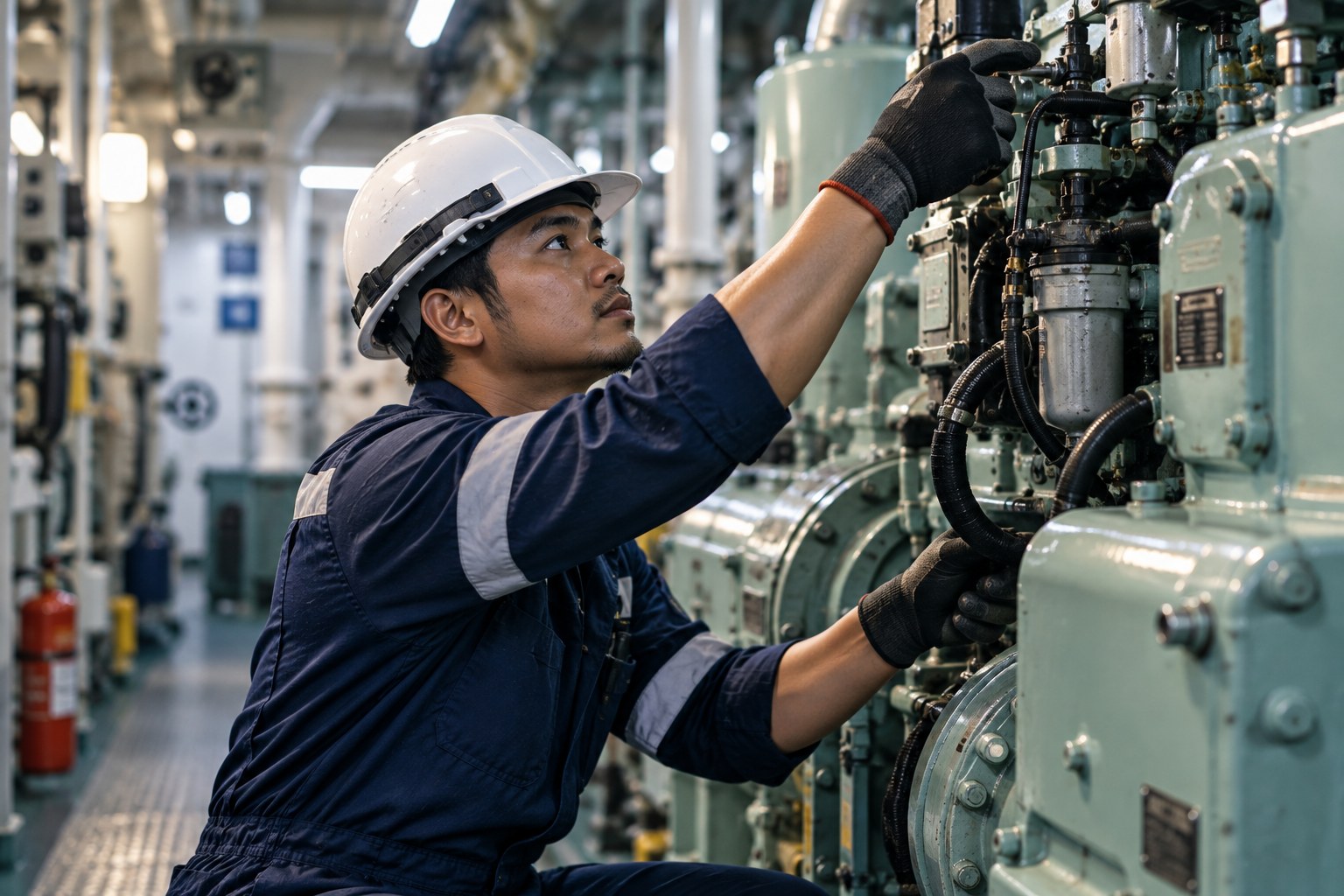 Seafarer in a hard hat at a shipyard