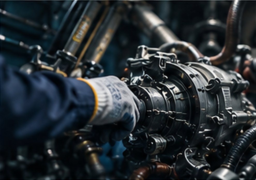 Hands working on an engine component