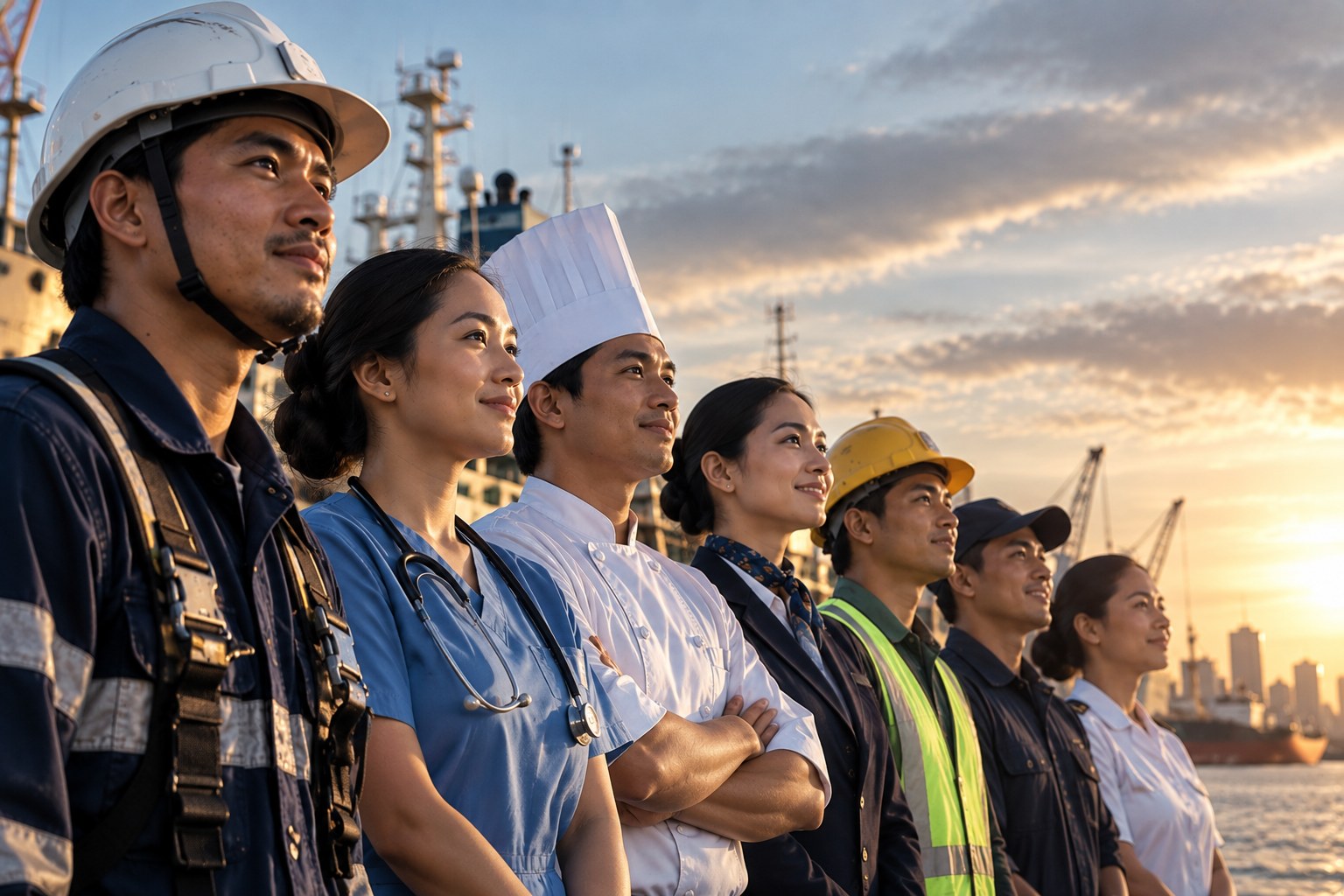 Filipino professionals — seafarer, nurse, chef, hospitality staff, builders — at a port at sunset